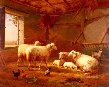 Chicken Painting - Sheep With Chickens And A Goat In A Barn Eugene Verboeckhoven animal